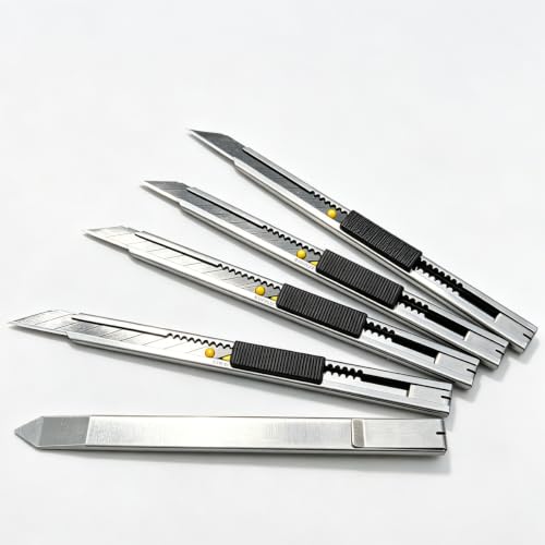 Image of Gebildet 5pcs Black Blade Utility Knife, Right and Left Hand Stainless Steel Lockable Cutter Knife, 9mm Snap Off Blades, 30 Degree Foil Knife, for Foils, Wallpaper, Crafts, Cartons