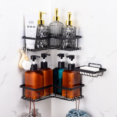 YA MI Bathroom storage, 3Pack black non drilled adhesive rack, carbon steel shower, rust proof corner, soap rack, bathroom storage accessories