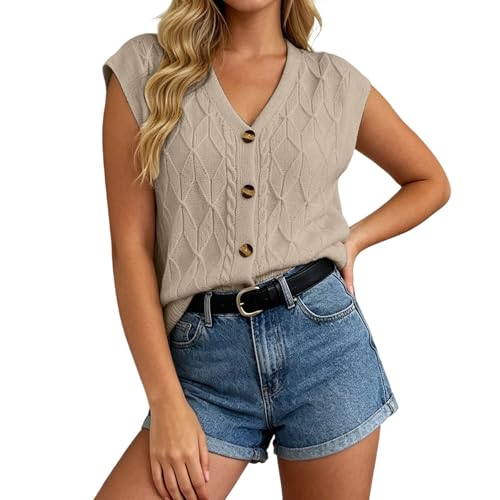Chaleco de punto casual para mujer con cuello abotonado en color caqui talla L