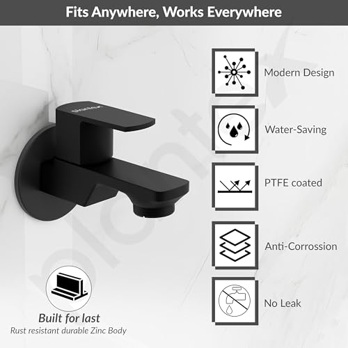 Image of Plantex Single Lever Water Tap for Bathroom with Water-Saving Aerator /Wall Mount Bib Cock with Wall Flange and Teflon Tape /Brass Spindle Bib Tap for Home (Saga-Black)