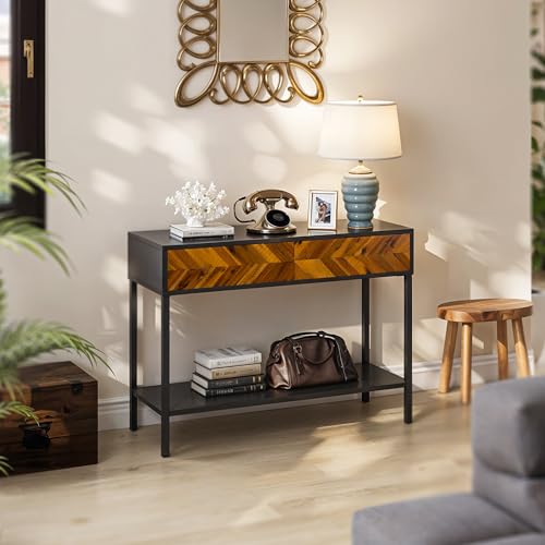 Image of Bme Vivian Console Table with 2 Drawers, Solid Acacia Wood Entryway Table, Rustic Golden Brown Mid Century Modern Sofa Table with Storage, Solid Wood Hallway Table for Living Room or Foyer