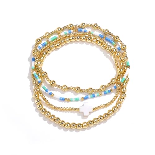 4PCS/Set Cross 14K Gold Ball Beaded Bracelets Stack for Women,Handmade Bohemian Colorful Beads Stretch Stackable Bracelets Fashion Prom Jewelry Gift