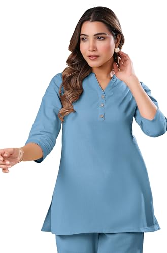 Image of Janasya Women's Light Blue Linen Cotton Solid A-line Top