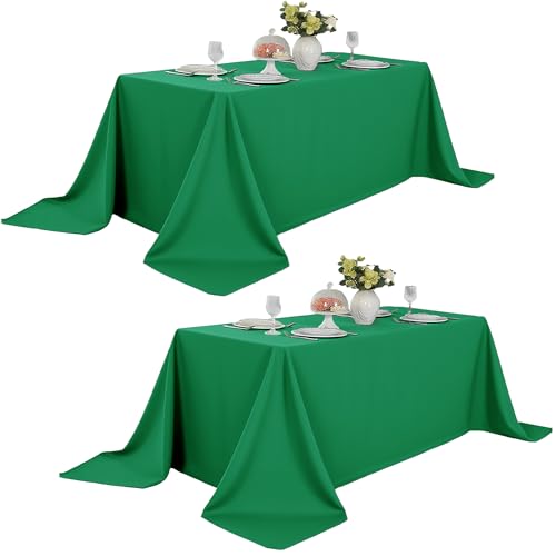 Image of 2-Pack 90x132 inch Forest Green Table Cloths, Solid Stain and Wrinkle Resistant Oblong Tablecloth, Premium Plain Weave Polyester Fabric Rectangle Table Linen Covers for Hotel, Wedding