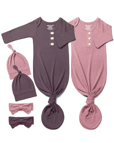 Image of Baby Noah Newborn Knotted Gown Set with Hat and Headband, Soft Tie Bottom Newborn Sleepers for Baby Girl Boy (2 Packs)