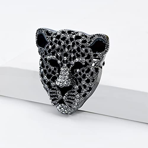 Image of Vintage Black Enamel Spotted Leopard Head Rhinestone CZ Animal Brooch Pin Lapel Pin Badge