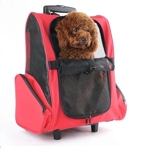 Mochila de Viagem para Pets com Rodinhas, Bolsa de Transporte para Cães e Gatos, 53x45x25cm, Vermelho e Preto