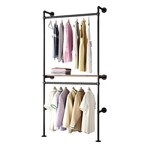 Dr.iron Industrial Pipe Clothing Racks With Vintage Shelves, Wall Mounted Black Clothes Rack With Double Hanging Rods Heavy Duty Garment Storage Rack Display Racks Rod For Clothes,Laundry Room #TOP6