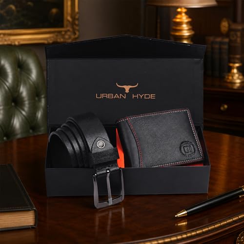 Image of URBAN HYDE Premium Genuine Leather Belt & Thread Work | Wallet Combo for Men | Leather Wallet and Belt Gift Set | Stylish Men Leather Combo Gift for Birthday, Anniversary & Office | Black