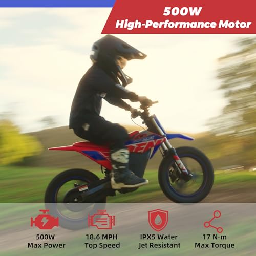 Image of RFN SX-E350 36V Electric Bike, 500W Electric Motorcycle 18.6 mph Max Speed & 11.2 Mile Range, 3-Speed Electric-Dirt-Bike for Kids Ages 4-8