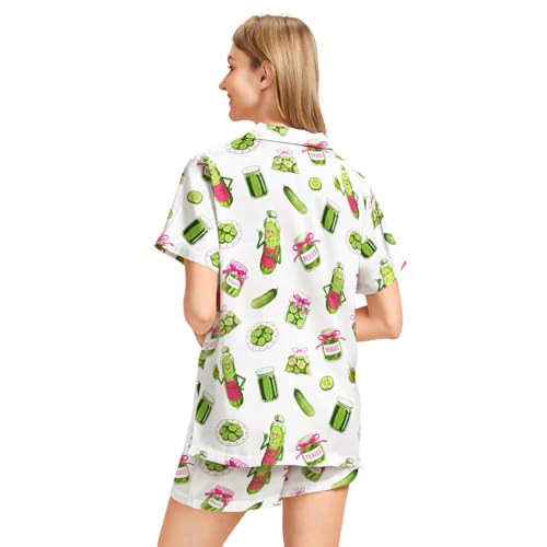 Image of Funny Pajamas for Women Set Print Satin Loungewear Pjs Short Sleeve Button Down Top and Shorts Sets Sleepwear XS-3XL