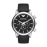 Schwarz/Lederband Emporio Armani Herren Chronograph Quarz Uhr mit Leder Armband AR1828