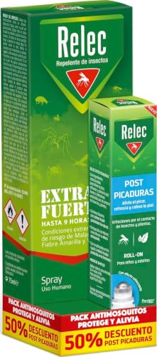 Relec Extra Fuerte Spray Antimosquitos 75 ml + Roll-on Post Picaduras 15 ml | 50% DEET, hasta 9 horas protección, mosquito tigre y garrapatas, zonas tropicales, incluye roll-on alivio picaduras