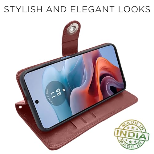 Image of Pikkme Moto G24 Power Flip Cover Leather Finish | Inside TPU with Card Pockets | Wallet Stand and Shock Proof | Complete Protection Button Flip Case (Brown)
