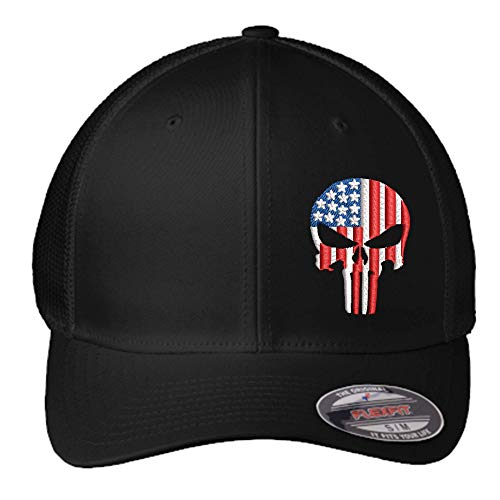 American Flag Skull Hat Custom Embroidered Military Skull FlexFit Hat Military