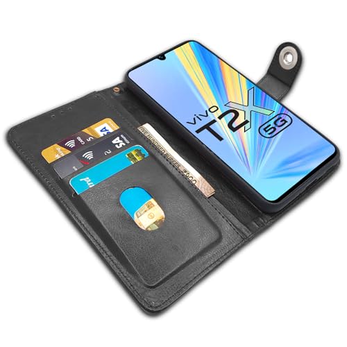 Image of Pikkme Vivo T2X / Y16 / Y56 5G Flip Cover Leather Finish | Inside TPU with Card Pockets | Wallet Stand and Shock Proof | Complete Protection Button Flip Case (Black)