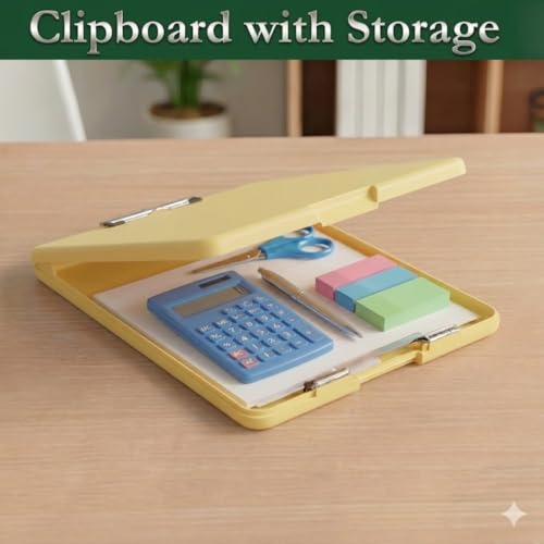 Image of Yajnas Clip Pad /Clipboard with Built-in Storage Compartment and Pen Holder - Durable, Lightweight Writing Pad with Snap Closure - Ideal for Office, School, Fieldwork (Light Yellow Colour)