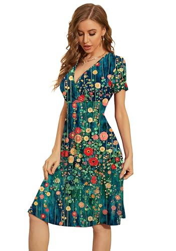 Image of WEACZZY Women's Summer Short Sleeve Casual Dresses V-Neck Floral Party Dress with Pockets