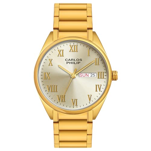 Image of Carlos Philip Men's Roman Numeral Analog Watch - Day and Date Display, Stainless Steel Strap, Quartz Movement, Business Style Watch for Men