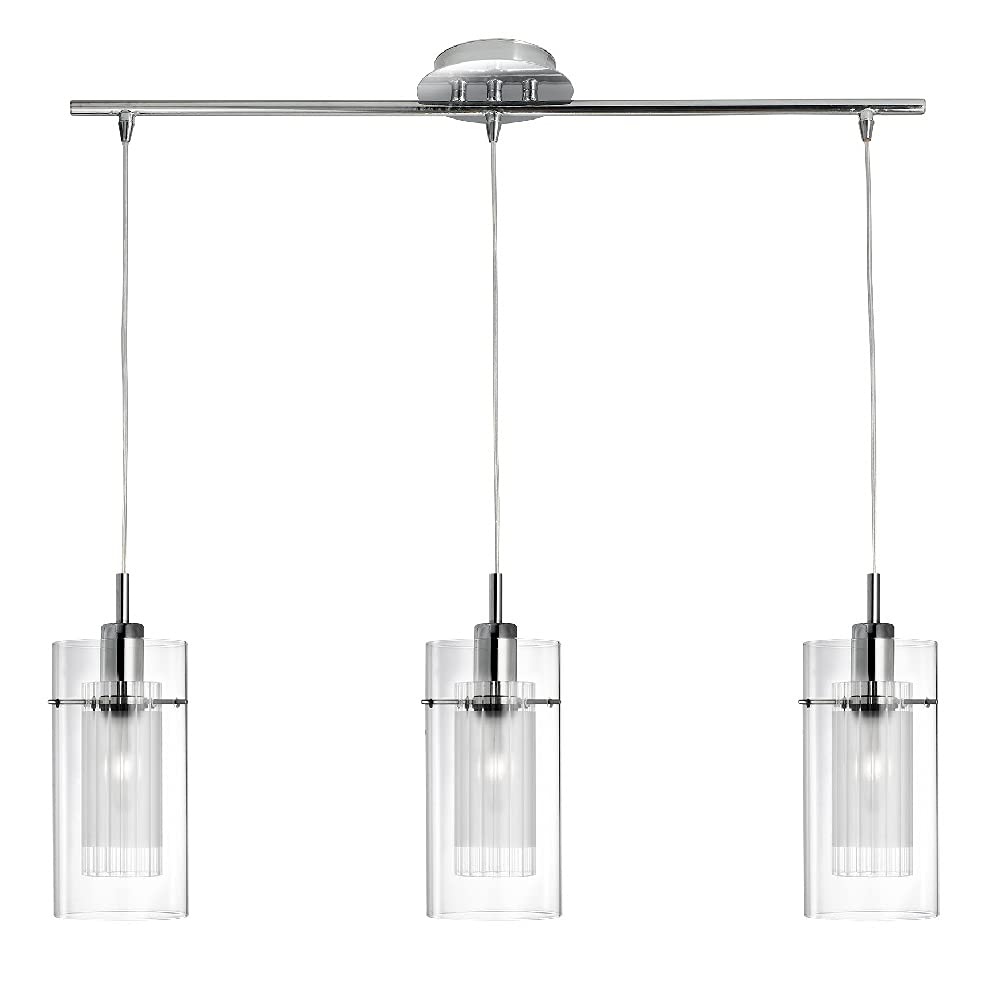 Britalia Polished Chrome & Double Glass Modern 3 Lamp Bar Pendant Ceiling Light | Clear & Frosted Cylindrical Glass Shades | 3 x E14 SES Lamp Bulbs Required (Not Included)