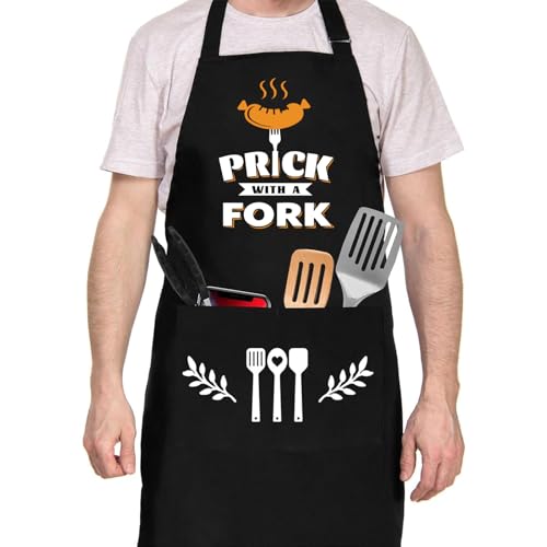 Tarklanda BBQ Grill Apron for Men Funny Cooking Aprons with 2 Pockets Adjustable Chef Apron Birthday Christmas Gifts for Men Husband Dad Son Boyfriend Grandad Grandpa Black(With a Fork)