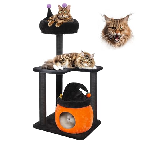 KAMABOKO Gothic Cat Tree, 44.8” Black Cat Tower for Indoor Cats with Sisal Scratching Posts, Spacious Cat Condo, Self Groomer, Bat Hanging Ball, Halloween Cat Tree Tower for Large Cats, Black and Red