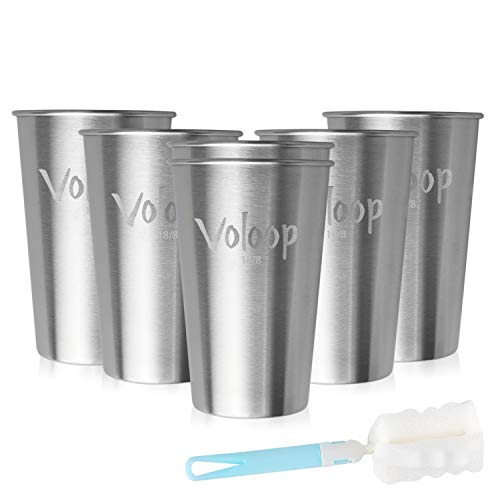 Voloop 6 Pack 16 Ounce Stainless Steel Cups Shatterproof Pint Drinking Cups Unbreakable Premium Metal Drinking Glasses for Kids and Adults(6 Pack, Silver)