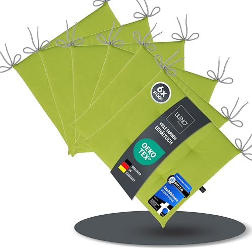 LILENO HOME 6er Set Stuhlkissen Apfelgrün (40x40x4,5 cm) - Sitzkissen für Gartenstuhl, Küche oder Esszimmerstuhl - UV-beständige Indoor u. Outdoor Stuhlauflage als Stuhl Kissen (Laura FUM)