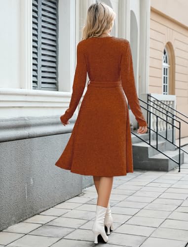 ZAFUL Women's 2025 Casual V Neck Long Sleeve Sweater Dress Wrap Ribbed Knit Pleated Midi Dresses with Belt2