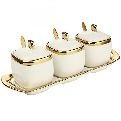 YYW Keramik Gewürzgläser mit Deckel, Zuckerschalen Gewürztöpfe Vorratsdosen und Behälter Gewürzbox Set mit Deckellöffel und Tablett für Küche Aufbewahrungs-Sets von 3 (weißer Anzug) Cover
