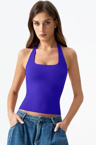 Image of QINSEN Womens Halter Top Double Lined Tank Top Sleeveless Open Back Slim fit Going Out Tops