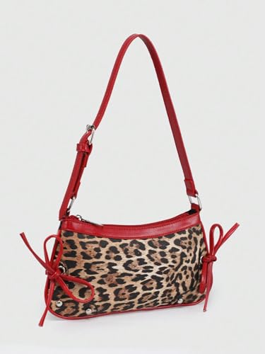 Image of QWINEE Women's Leopard Print Purse Y2k Cheetah Shoulder Bag Bow Studded Clutch Zipper Adjustable Strap Underarm Bag