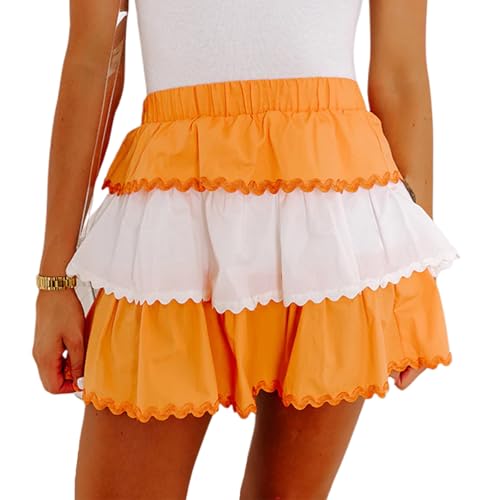 Women Y2K Cute Layered Mini Skirts Casual Summer Plaid Print Smocked Waist Lacy Trim Tiered Ruffled Short Skirts