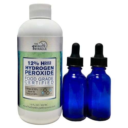 12% Hydrogen Peroxide Food Grade - Diluted from 35% H2o2 with Distilled Water to 12% - 12 oz Bottle 2 Droppers - Recommended By: The One Minute Cure Book