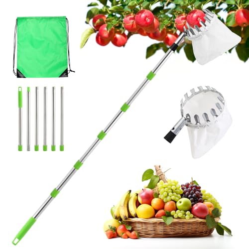 seOSTO 2.6M Obstpflücker mit Teleskopstiel Apfelpflücker mit Teleskopstiel mit Baumwollbeutel Kirschenpflücker Diameter 16 cm Pflaumenpflücker for Reaching Inaccessible Places