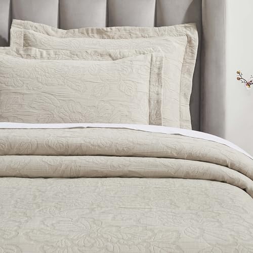 Superior 3 Piece Cotton Bedspread Set, Home Decor, Decorative Bed Spread, 2 Pillow Shams, Medium Weight Blanket, Matelasse Coverlet, Bedding Essentials, Hibiscus Collection, California King, Beige