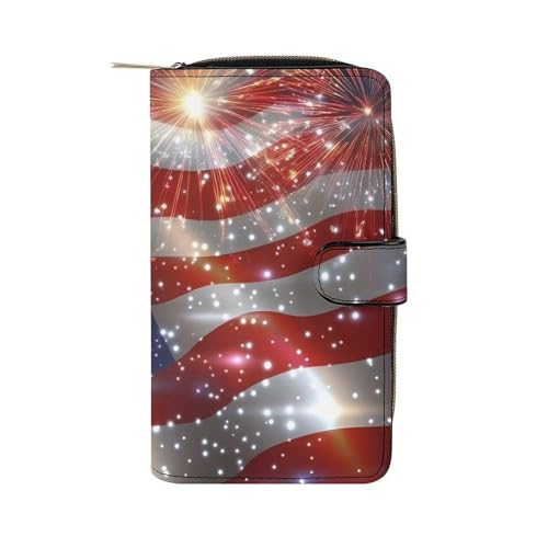 USA Flag Celebration Fireworks Long Wallet PU Leather Credit Card Holder Durable Zippered Purse Clutch Wallet
