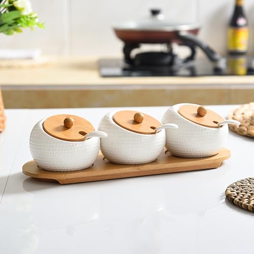 Image of Ceramic Condiment Pots, Set of 3 Condiment Spice Jar Container with Bamboo Lids and Spoon, Seasoning Spice Jar Pots for Kitchen, Coffee Bar, White