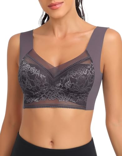 SERSARY Sujetador suave de encaje para mujer, sin aros, acolchado, bralette minimizador, camiseta cómoda para sujetador, transpirable, tirantes anchos, morado y gris., L