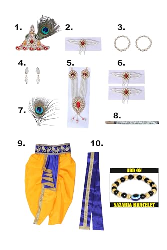 Image of Krishna Dress for Kids, Baby Krishna Dress for Janmashtami with Krishna Mukut, Peacock Feather & Flute Embroidered Krishna Costume for Girl & Boy, 3 Months-8 Years
