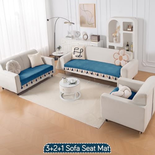 Image of HOKIPO Premium Holland Velvet Sofa Cover 6 Seater Set - Washable 3+2+1 Sofa Cover Mat with Tassel | 'TasselTone Series' | Sea Blue (IN-1108+1106+1104-BL)