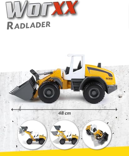 Lena Worxx Radlader Liebherr L538 Litronic 48 cm, realistisches Baustellenfahrzeug, Robustes Spielzeug mit funktionstüchtiger Schaufel und Griff, für Kinder ab 3 Jahren, Gelb