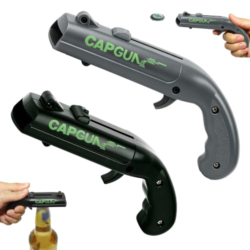 Cap Gun Bottle Opener 2 Pack Bottle Cap Launcher Shooting Gun Funny Party Opener for Men Cool Gadget Present for Him - Black & Gray
