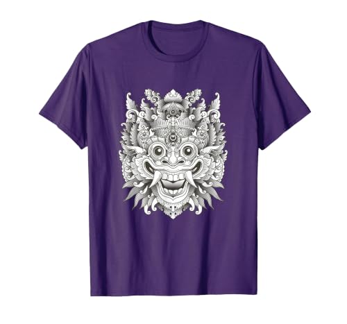 Indonesian Barong Shirt, Bali Mask Shirt, Bali Luck T-Shirt, Men, Purple, X-Large