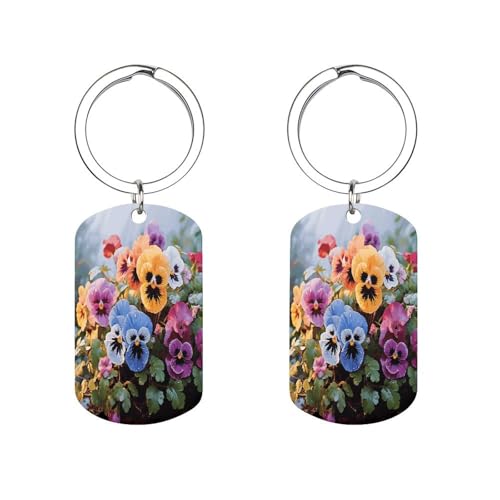 VstaDank Llavero de metal con diseño de flores de pensamiento, llavero de sublimación con imágenes impresas de doble cara, llavero exquisito, etiqueta rectangular, regalo para adultos