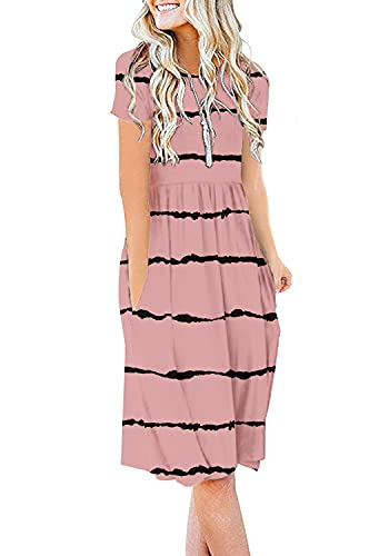 Image of DB MOON Women Summer Casual Short Sleeve Dresses Empire Waist Dress with Pockets(Stripes Red Bean Paste, S)
