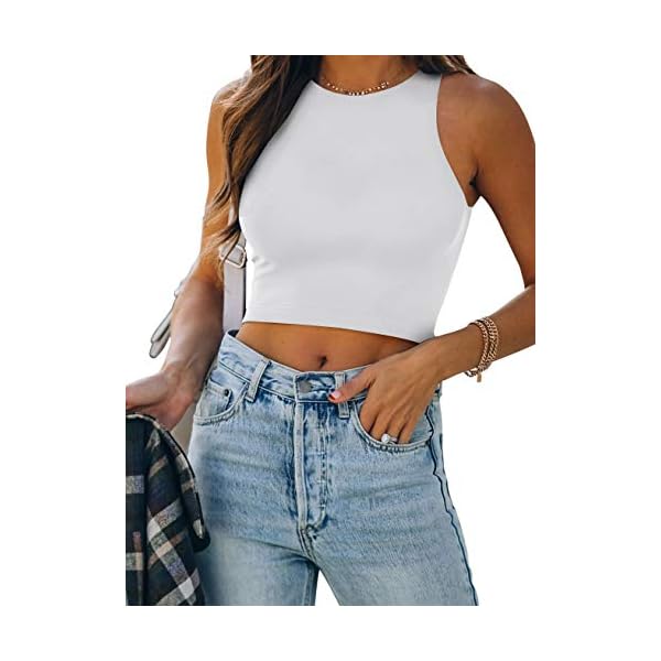Women’s Sexy Sleeveless High Neck Racerback Cropped Tank Tops Cute Teen Girls Halter Neck Crop Tops Vest White Medium