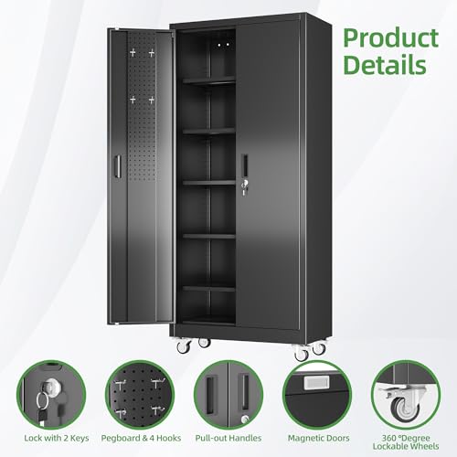 Image of 71 in. Garage Storage Cabinet with Wheels, 5 Shelves, Black