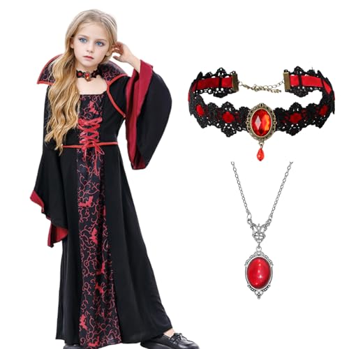Amycute Costume Vampiro Bambina, Set Vampire Queen Costume con due Collane Costume da Vampiro Bambino Vestito Cosplay Vampiro per Halloween Carnevale (Rosso 1, 140)
