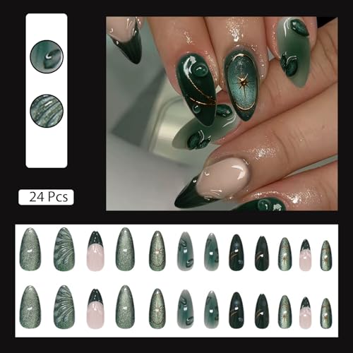 VOTACOS Cat Eye French Tip Press on Nails Almond Medium Dark Green Acrylic Fake Nails Press Ons with Designs 3D Leaf Glue on Nail for Women Gold Line Star Reusable Artificial Stick on False Nail — view 3